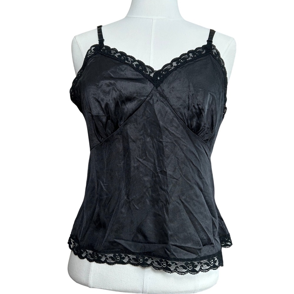 Vintage Lady Manhattan Black‎ Slip Tank Top Lace Trim Sheer Layering Lingerie M